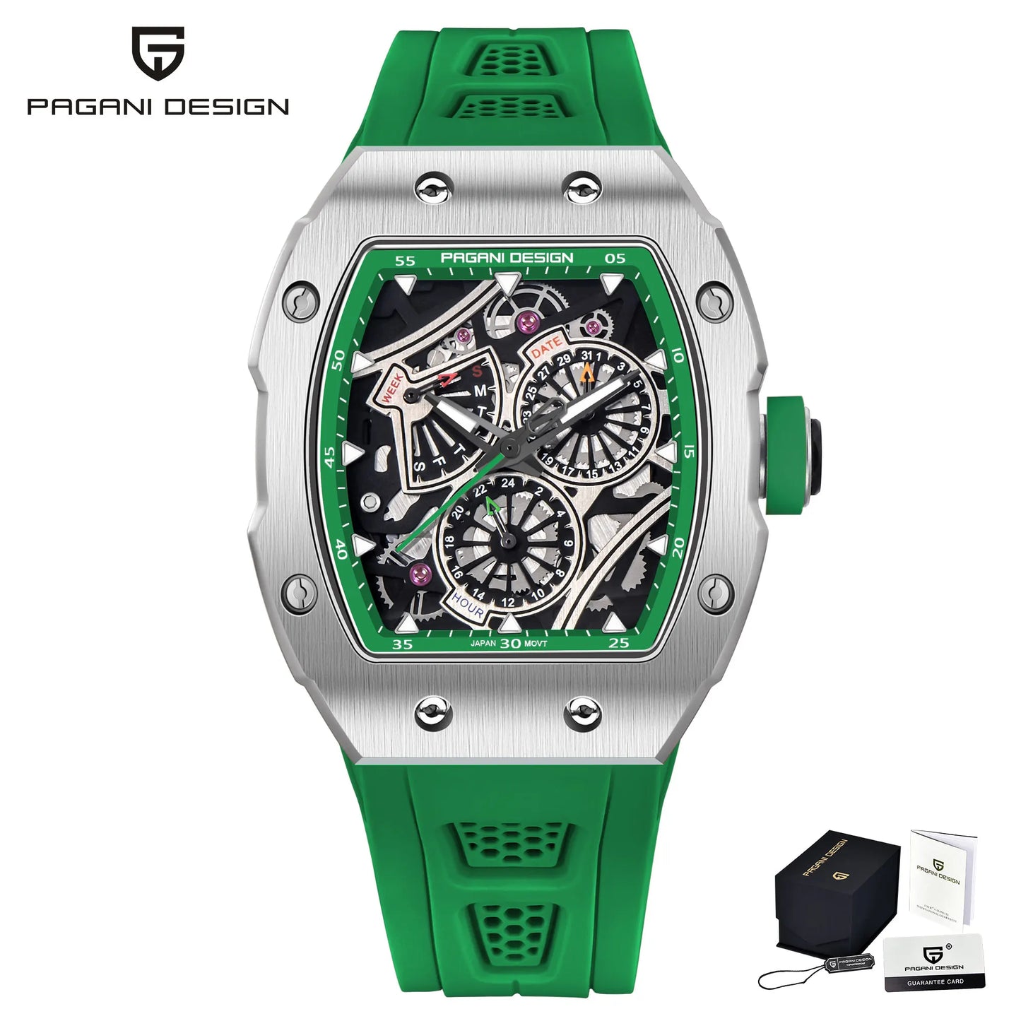PAGANI DESIGN skeleton Watch Sapphire YS012 Automatic Men’s Quartz Watch Silicone Square Clock Waterproof Relogio Masculino