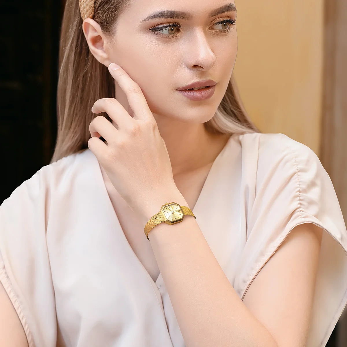 BERNY Gold Watch for Women Grit Dial Octagonal Ladies Quartz Wristwatch Stainless Steel Women Small Golden Watch Luxury Watches