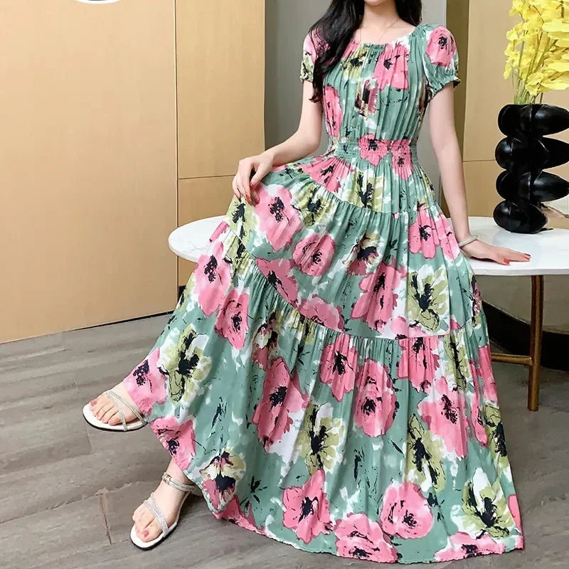 Cotton Silk floral Short sleeved Dress Beach vacation Big swing Dress New Summer 2025 Printed One neck Long Dresses