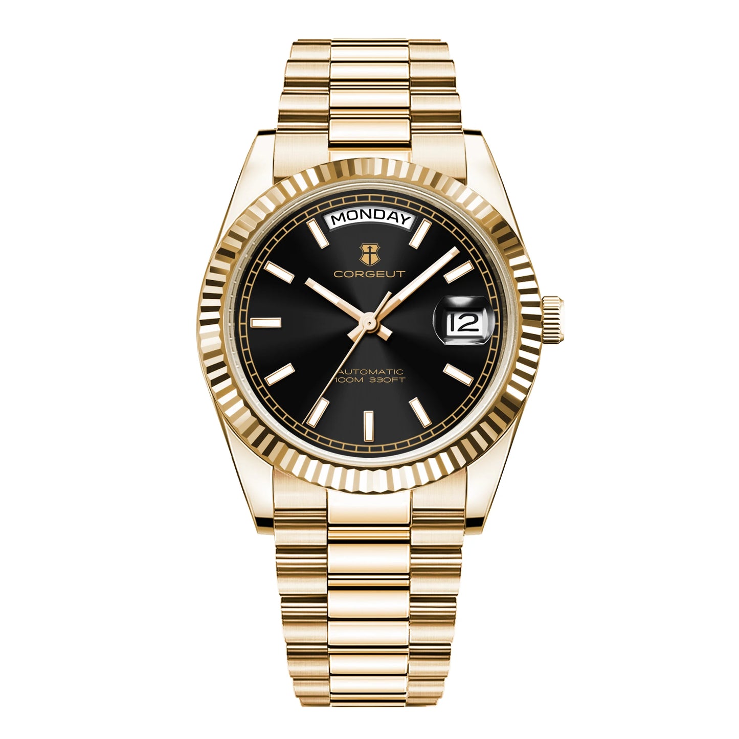 CORGEUT NH36 Mechanical Men's Watch Date of the Week Show President Chain Strap Steel Case Watch Threaded Arc Bezel waterp
