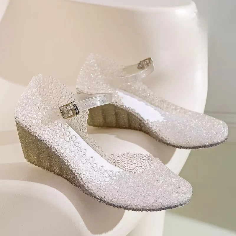 Women's Summer New Baotou Hollow Wedges Crystal Jelly Sandals Soft Sole Non Slip Breathable Buckle Strap Outdoor Beach Sandals