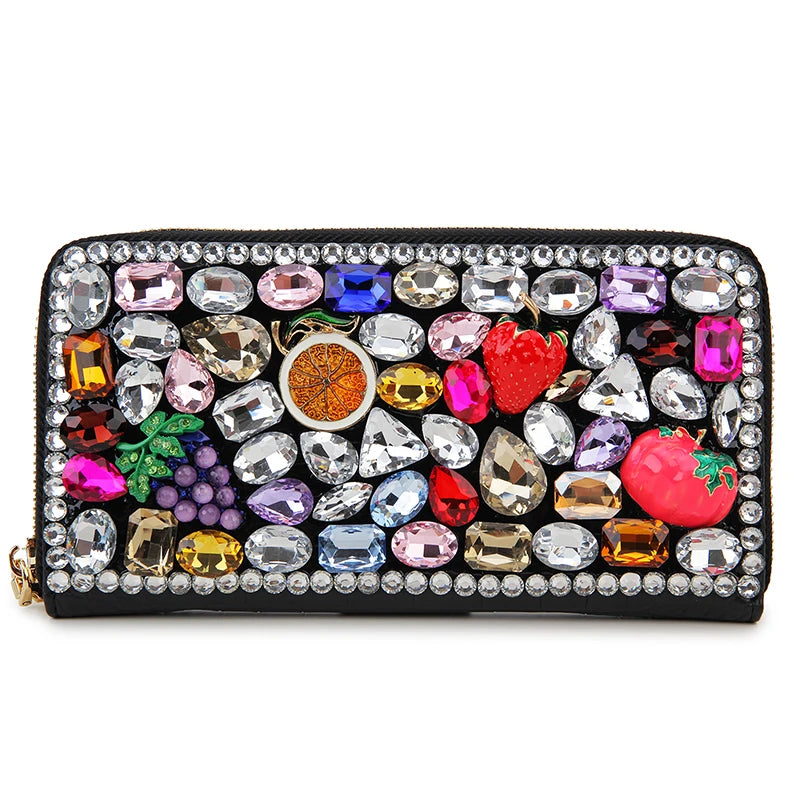 Luxury Diamond Women Long Purse Card Holder Coinetter Color Crystal Red Lip Pearl Wallet Pu Leather Zipper Around Wallet  Female