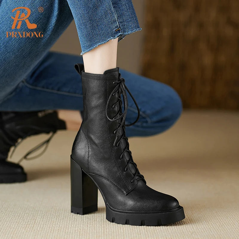 PRXDONG Women's Shoes New Brand Genuine Cow Leather Square High Heels PLatform Shoes Woman Ankle Boots Black Brown Retro Autumn