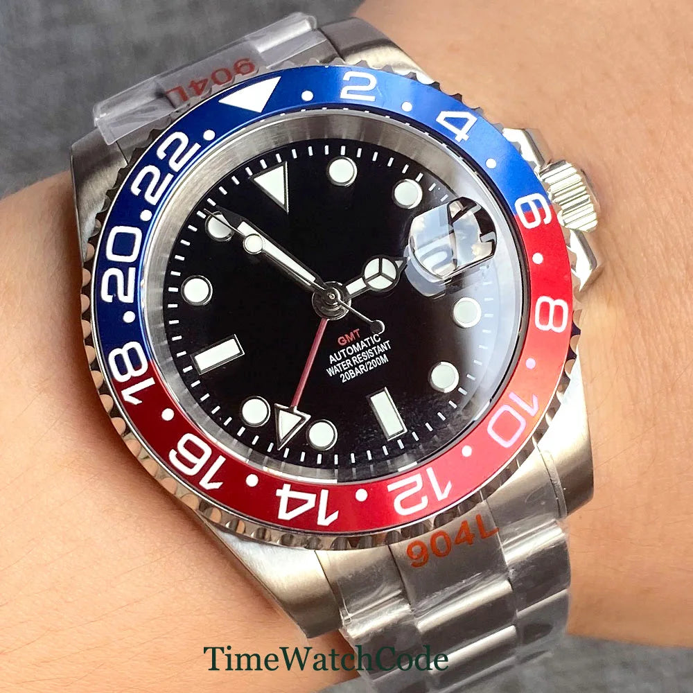 Tandorio 40mm NH34A Men's Automatic Watch GMT Function Luminous Black Dial Sapphire Crystal Auto Date Bracelet Rotating Bezel