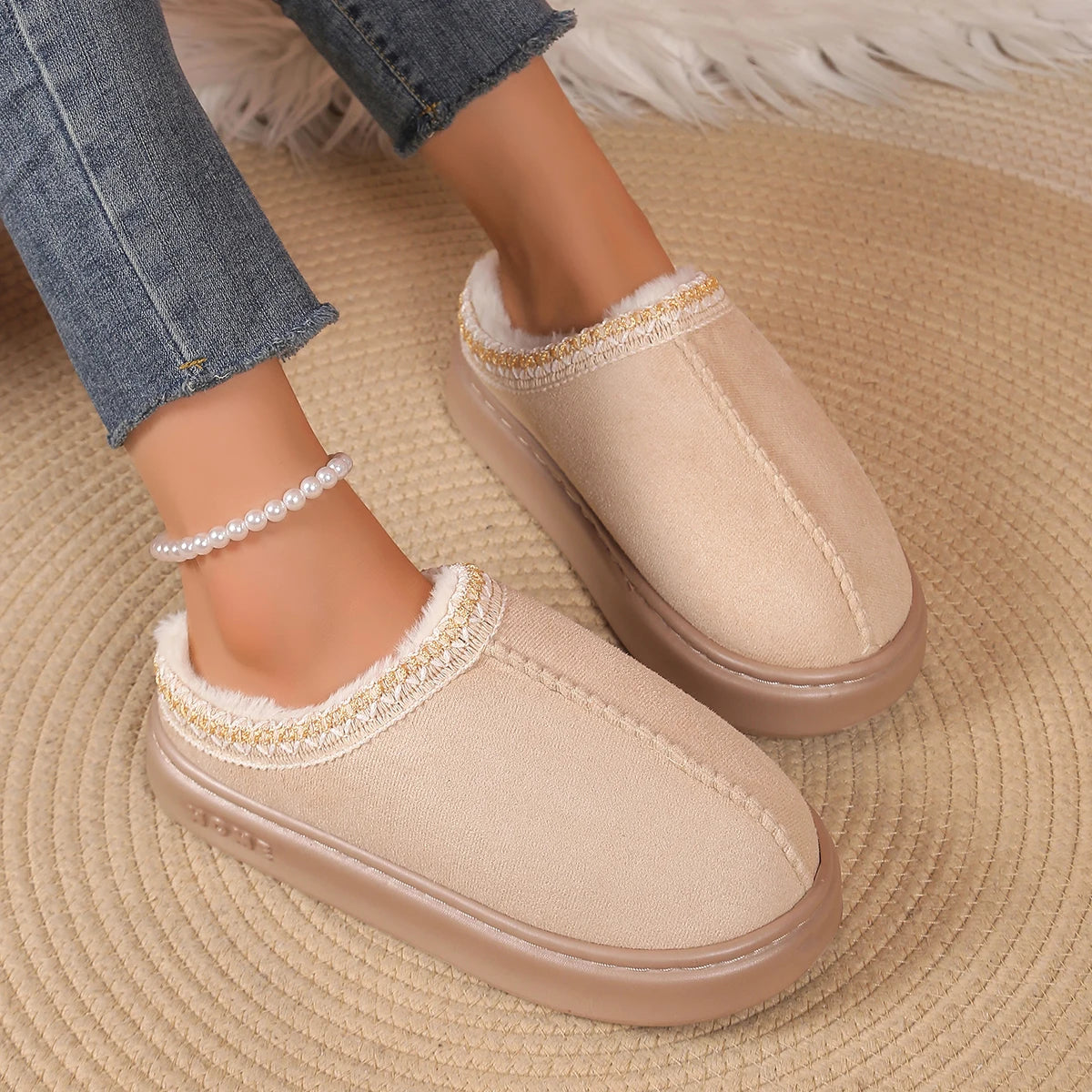 Women's Winter Fur Shoes Male Ankle Boots Platform Slippers Home Warm Fashion Outdoor Basis Thick Wool Wool Short Boots