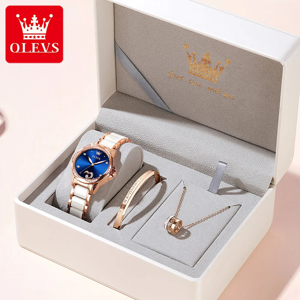 OLEVS 6631 Top Original Automatic Watch for Women Fashion Heart Design Diamond Bezel Ceramics Strap Ladies Mechanical Wristwatch
