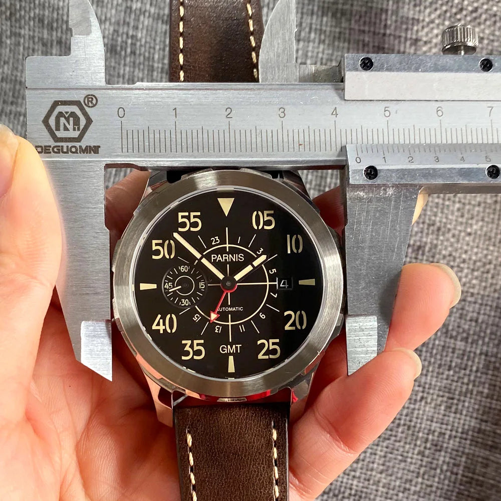 PARNIS GMT Pilot Vintage Automatic Watch for Men 316L Stainless Steel Leather Band Glass Back ST2557 Movement Sports Watches