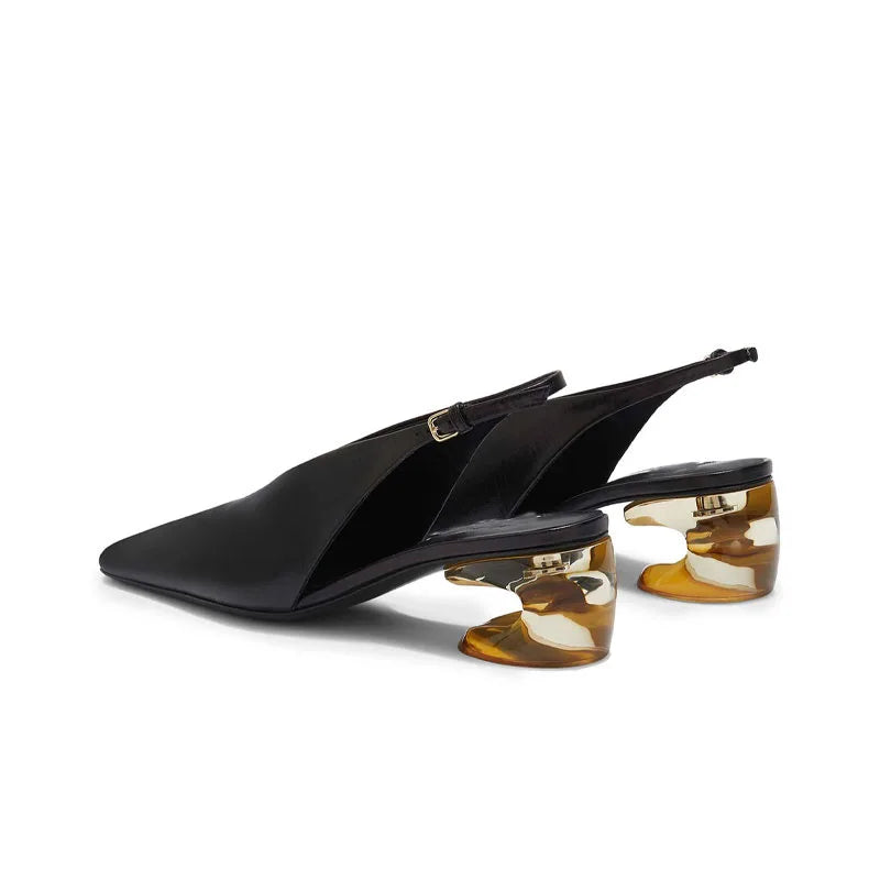 Arden Furtado 2024 Summer Square toe Strange Style Shallow Belt buckle Back Strap Middle heel Closed toe Sandals large size