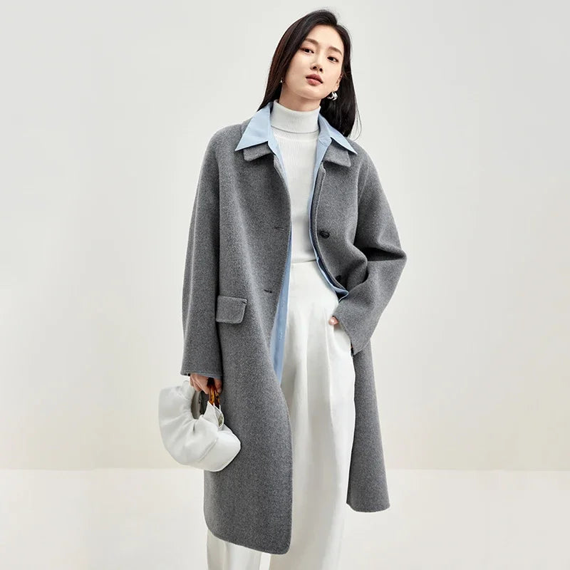 SENTUBILA Double-faced Woolen Long Jacket For Women 2025 Winter 100% Wool Coat Simple Comfortable Warm Lapel Overcoat W34O49911
