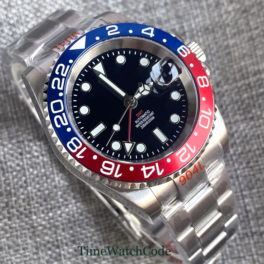 Tandorio 40mm NH34A Men's Automatic Watch GMT Function Luminous Black Dial Sapphire Crystal Auto Date Bracelet Rotating Bezel