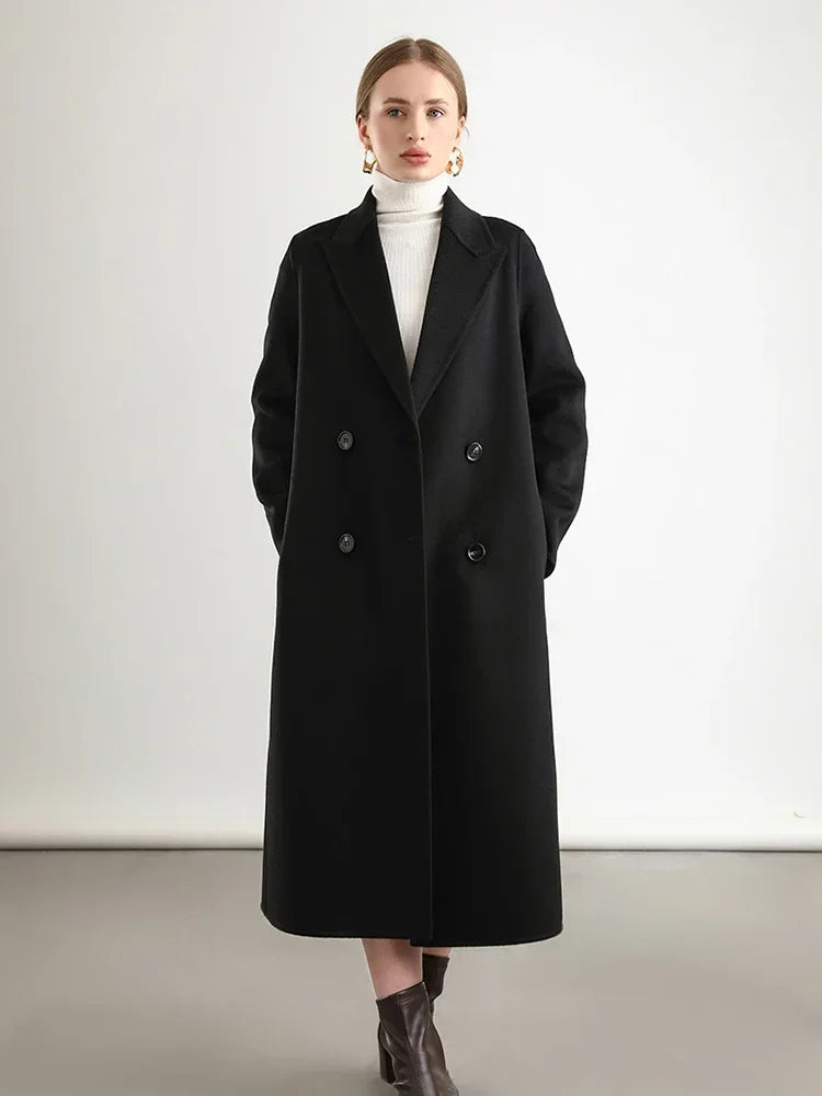 Women 100% Wool Peak Lapel Overcoat Belt Double-Breasted Autumn Winter Long Jacket Trench Coat Ladies Female Clothing #19