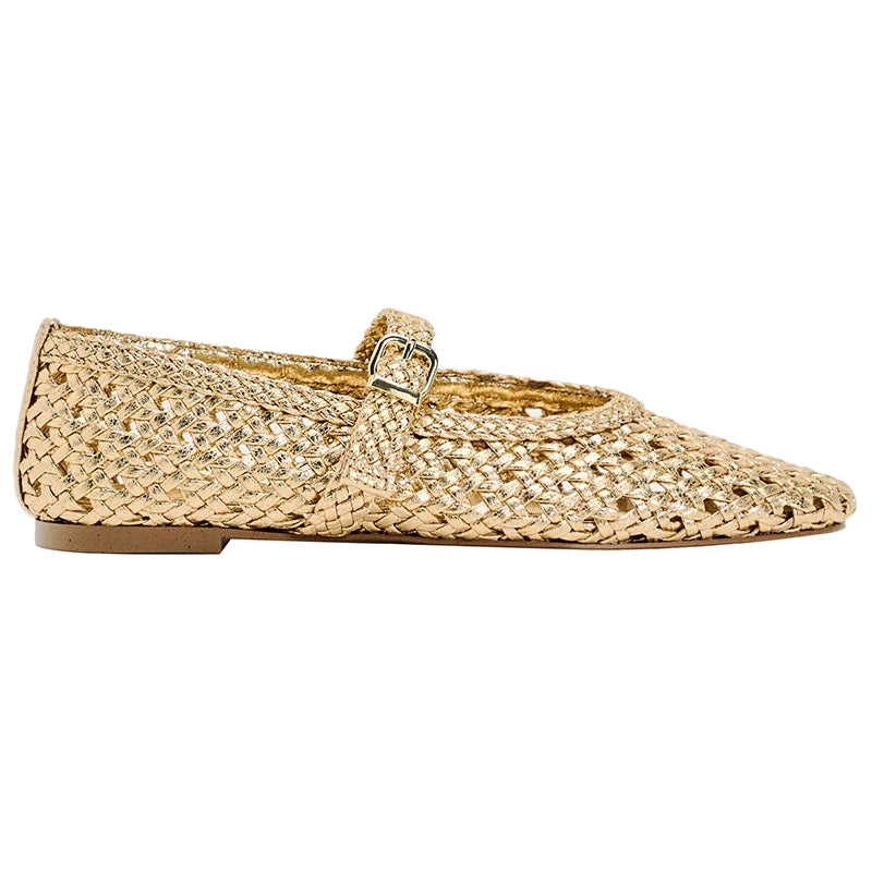 Banyiyou 2025 Autumn Mary Jane Shoes Woman Golden Braided Ballet Flats Shoes Women's Square Toe Flat with Buckle Single Shoe