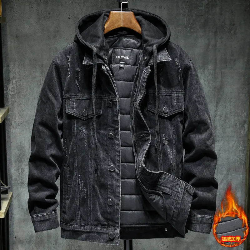 Winter Men's Long Jeans Jacket Fleece Lined Thick Thermal Cargo Denim Windbreaker Hooded Loose Fit Coat Outerwear For Male 5XL