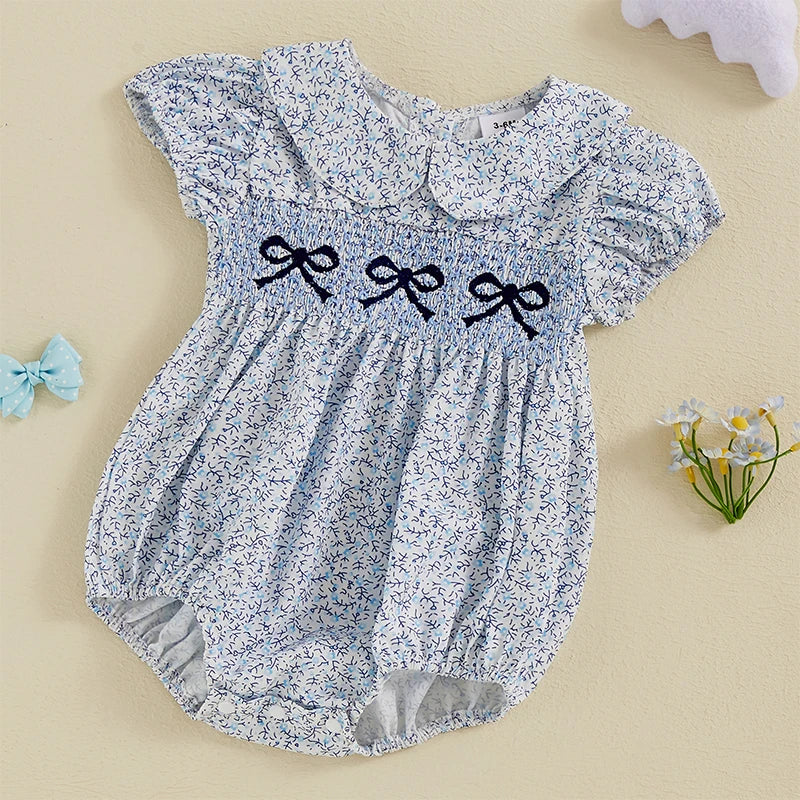 FOCUSNORM 3 Colors Lovely Baby Girls Rompers Bowknot Embroidered Print Doll Collar Short Sleeve Jumpsuits Summer Clothes