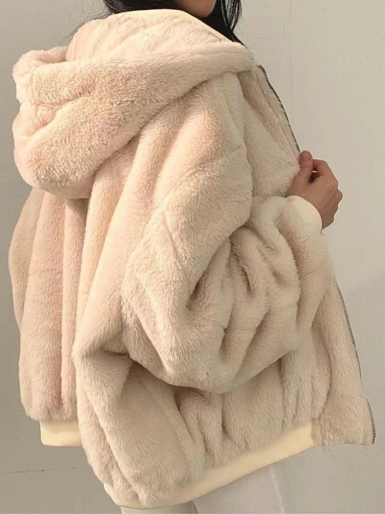 Korean Version Plush Thickened Double-sided Lamb Wool Cotton Coat Women's Winter Loose Solid Color Zipper Hooded Jacket 2020 New