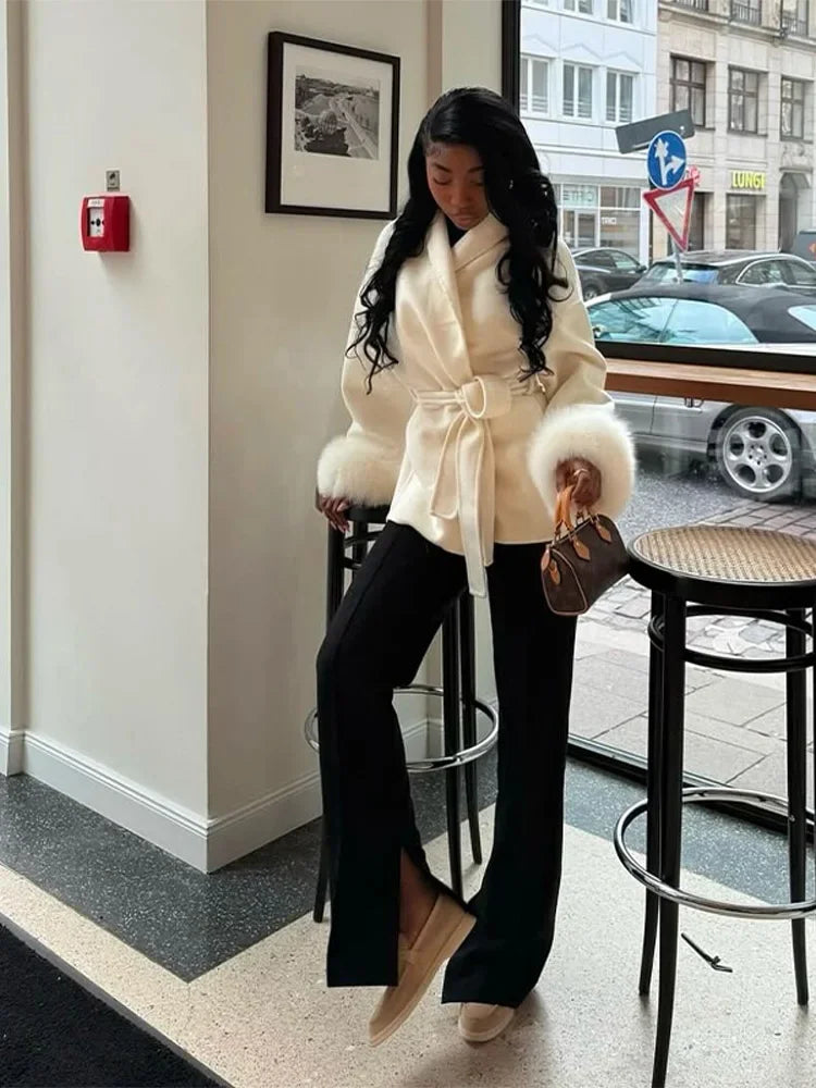 Elegant Lace Up Fur Patchwork Coat Women Loose Solid Long Sleeve V-neck Open Stitch Coats Female 2025 Autumn Fashion Lady Jacket