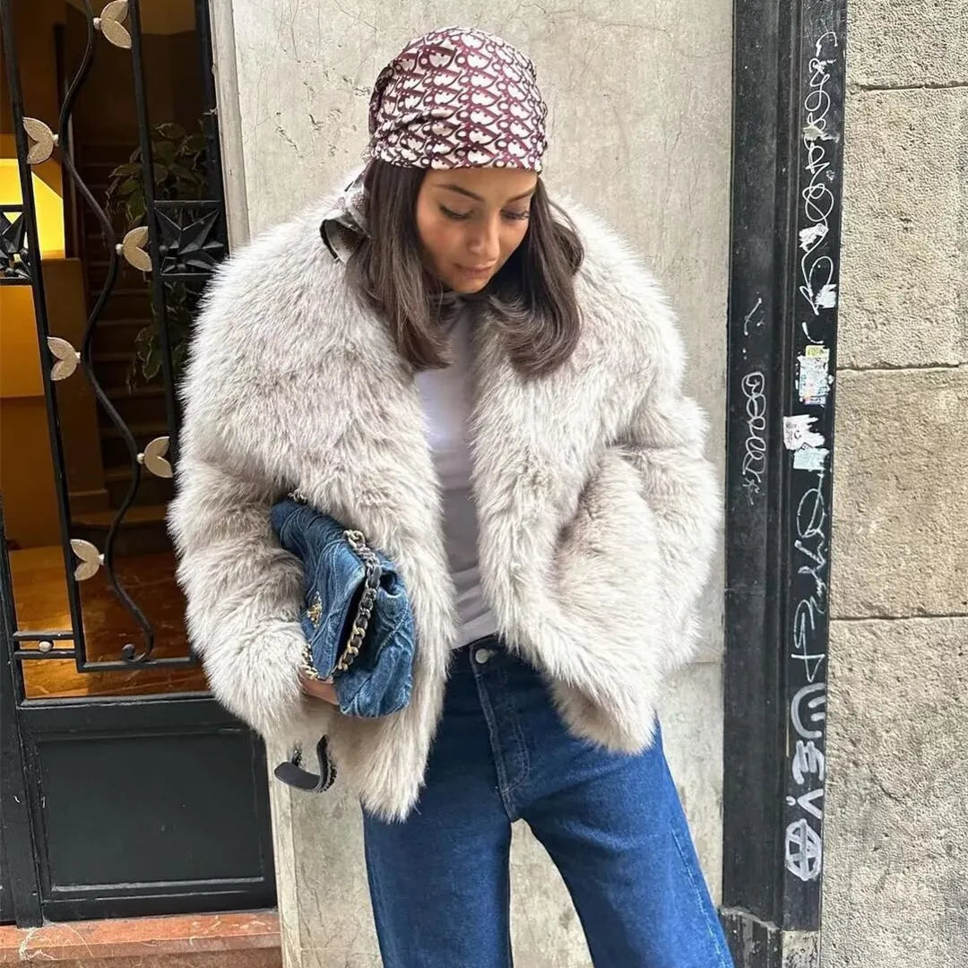 BSK&TRAF Women's 2025 New Large Lapel Thickened Coat Artificial Fur Effect Temperament Elegant Warm Jacket
