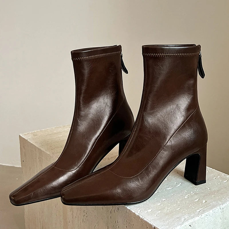 JOZHAMTA Size 33-40 Women Ankle Stretch Boots Soft Leather Chunky High Heels Shoes Winter Elastic Short Booties Casual Office