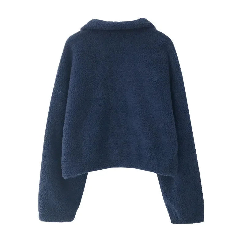 Women's Short Zipper Hoodie Thickened Stand Collar Lamb Velvet Jacket Loose Fit Autumn Winter Casual Style Outerwear