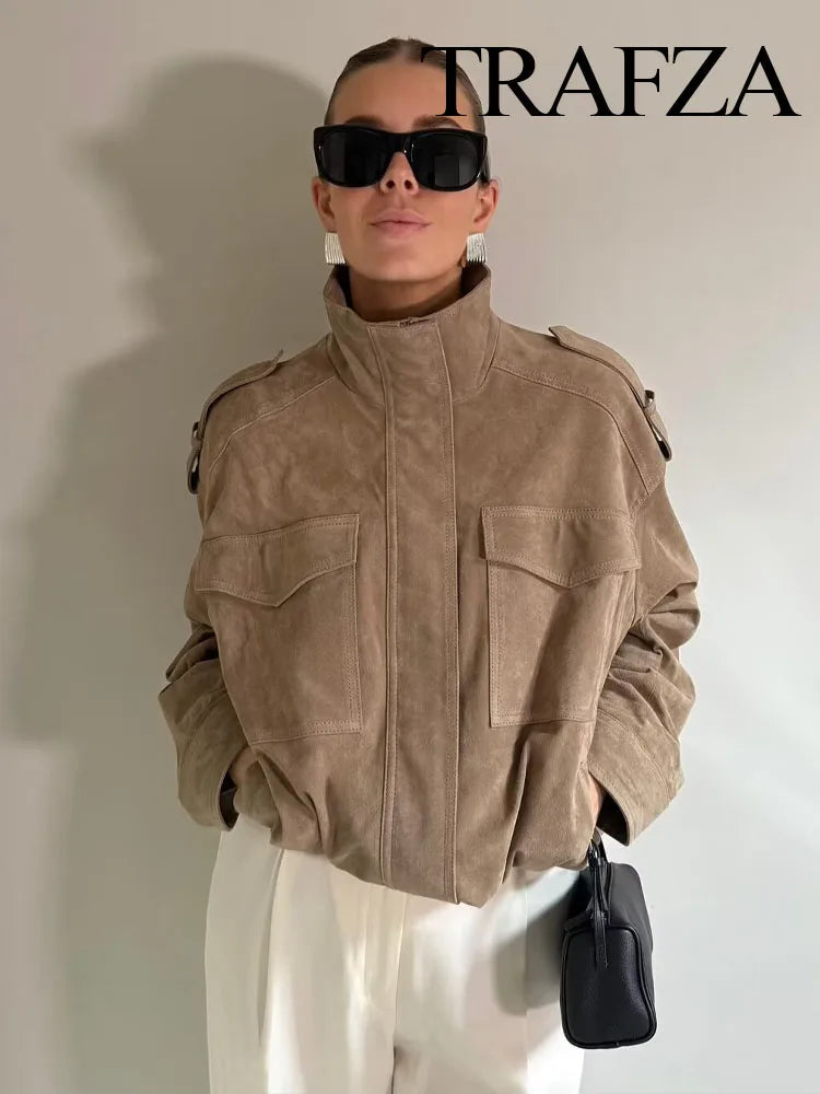 TRAFZA Women's New Fashion Long Sleeves Jackets Solid Turtleneck Pocket Decoration Zipper Female Autumn High Street Coats
