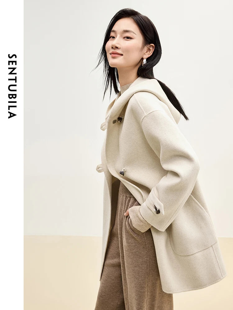 SENTUBILA Double Sided 100% Woolen Coat 2025 Winter Mid-length Straight Bull Horn Buckle Female Hooded Outwear W44O55979