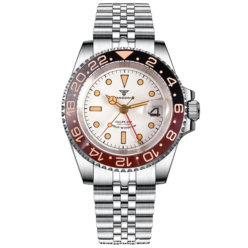 Tandorio Retro NH34A Automatic Watch for Men Diving GMT Movement Vintage Luminous Sapphire 20BAR Waterproof 316L Bracelet 40mm