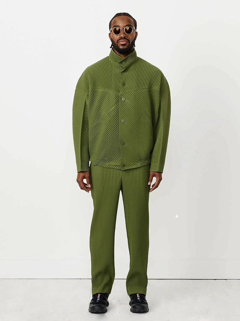 Miyake Pleated Standing Neck Splice Designer Jacket Men's Loose Relaxed Long Sleeve Shirt Coat JC110