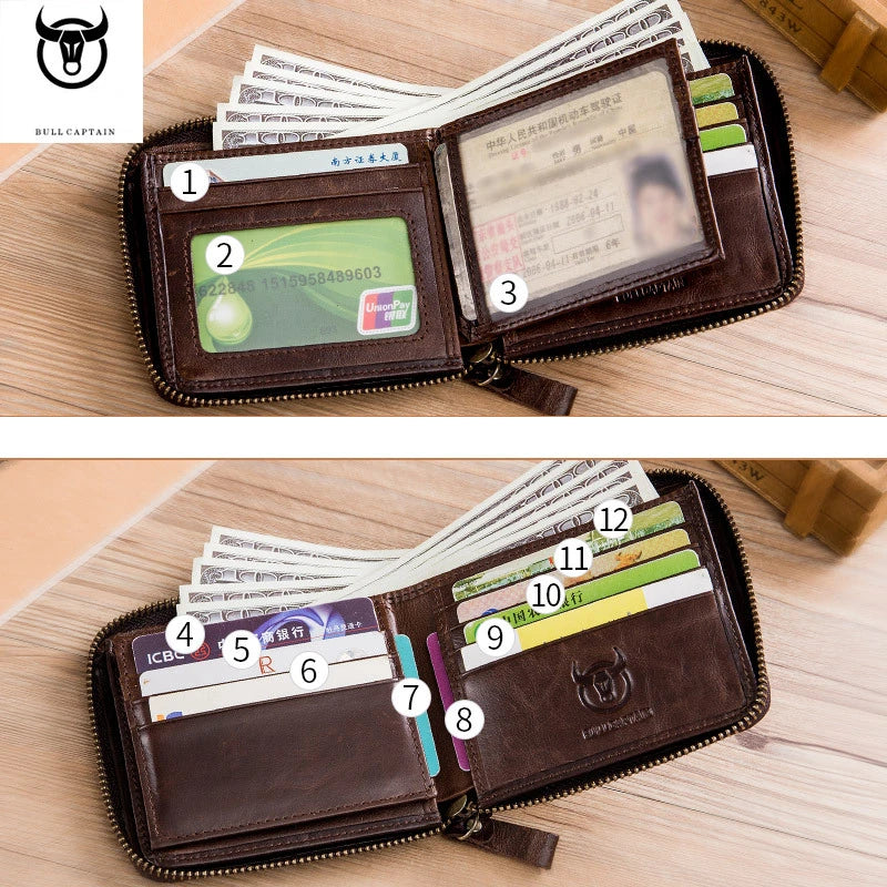 Bullcaptain Genuine Leather Men Short Wallet Casual Men's Coin Purse Vintage Male Zipper Card Holder Luxury Money Bags JYB022