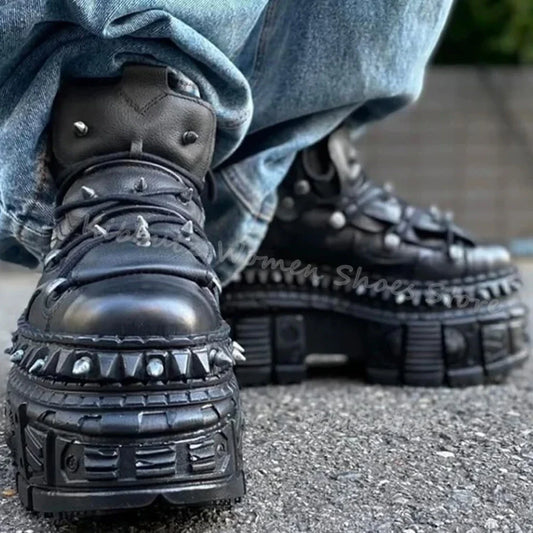 Rivets Gothic Sneaker Thick Bottom Platform Punk Rock Dark Style Lace-Up Fashion Sexy Women Shoes Round Toe Genuine Leather New