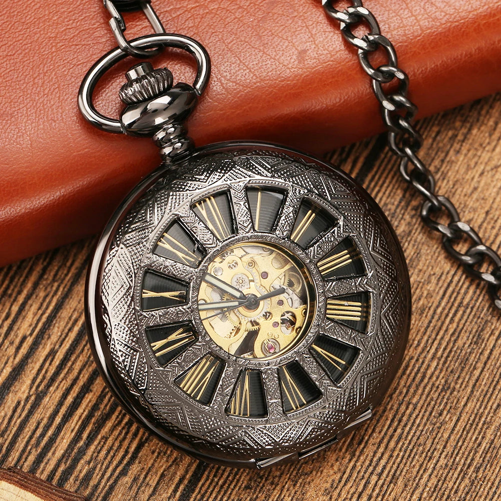 Mechanical Automatic Pocket Watch Men Roman Numerals Display Pocket Pendant Watch Black Hollow Half Hunter Retro Clock P890C