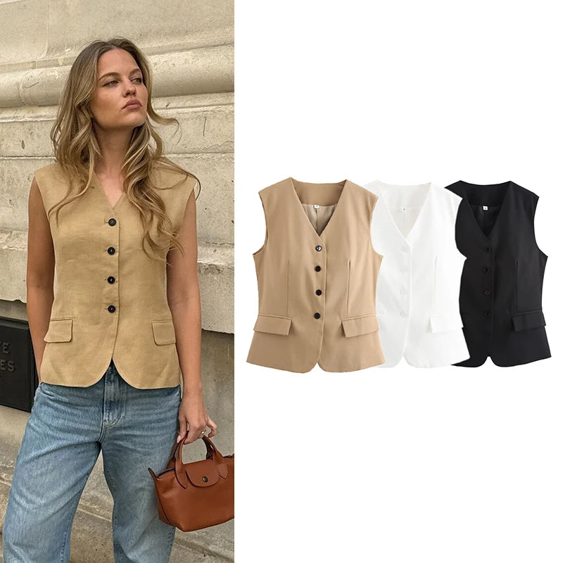 RAFZNB Women's Waistcoat Fashion O Neck Zipper Sleeveless Vest Women Outerwear Coats Female Single Breasted Vests Tops