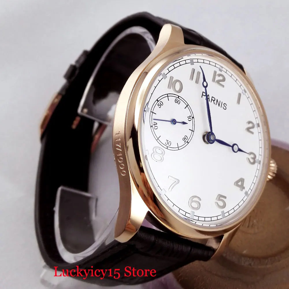 Rose Gold Hand Winding Round Wristwatch White Dial Gold Hand 6497 Movement 44mm Men Watches