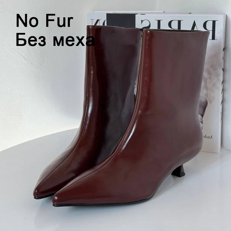 JOZHAMTA Size 34-43 Women Ankle Boots Real Leather Kitten Mid Heels Shoes 2025 Winter  Fashion Pointy Office Lady Daily Dress