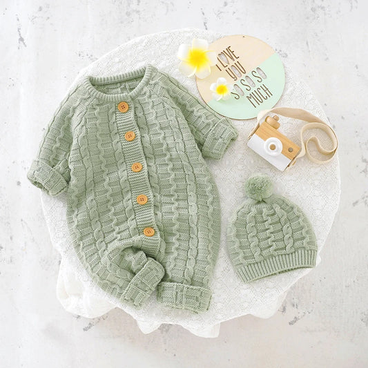 Winter Baby Rompers Clothes Solid Long Sleeve Knitted Newborn Boys Girls Jumpsuits Hats Outfits Sets 0-18m Autumn Infant Costume