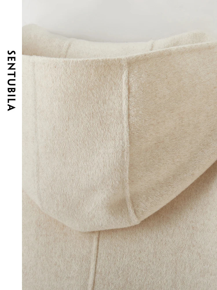 SENTUBILA Double Sided 100% Woolen Coat 2025 Winter Mid-length Straight Bull Horn Buckle Female Hooded Outwear W44O55979