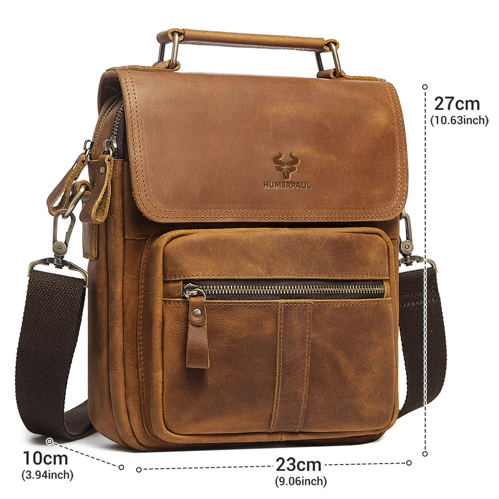 HUMERPAUL Full Grain Leather Shoulder Bag Retro Business Crossbody Bag for Work Large Capacity Male Messenger Bag Travel Bag