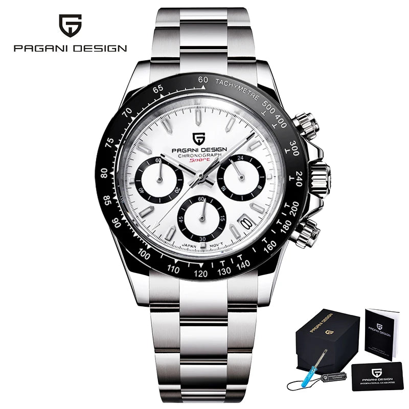 PAGANI DESIGN 2025 New Sport Chronograph Top Brand Luxury Quartz Watch For Men VK63 Automatic date 100M Waterproof Ceramic bezel
