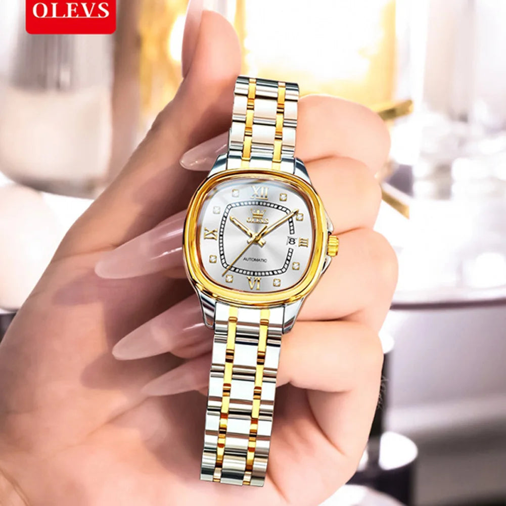 OLEVS 9810 Women Watch Automatic Mechanical Watch Simple Roman Scale Square Diamond Women Watch Waterproof Calendar Dress Watch