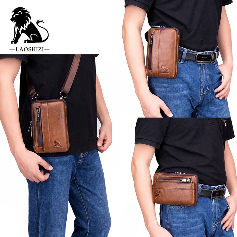 LAOSHIZI Genuine Leather Men Shoulder Crossbody Bags Small Handbags For Male Waist Pack Messenger Flap Phone Clutch Purse JYN005