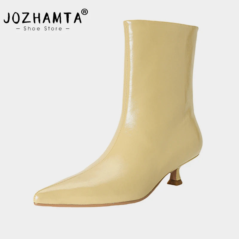 JOZHAMTA Size 34-43 Women Ankle Boots Real Leather Kitten Mid Heels Shoes 2025 Winter  Fashion Pointy Office Lady Daily Dress