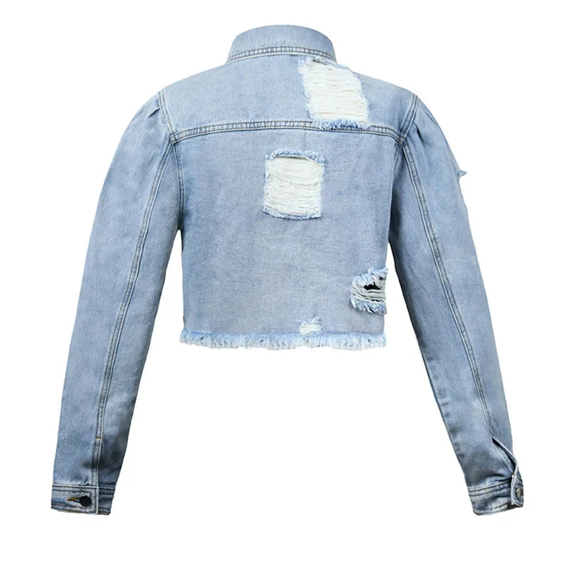 Street Style Tassels Hem Short Jackets Women's Broken Holes Double Pocket Decoration Denim Coat Female Single-breasted Outerwear