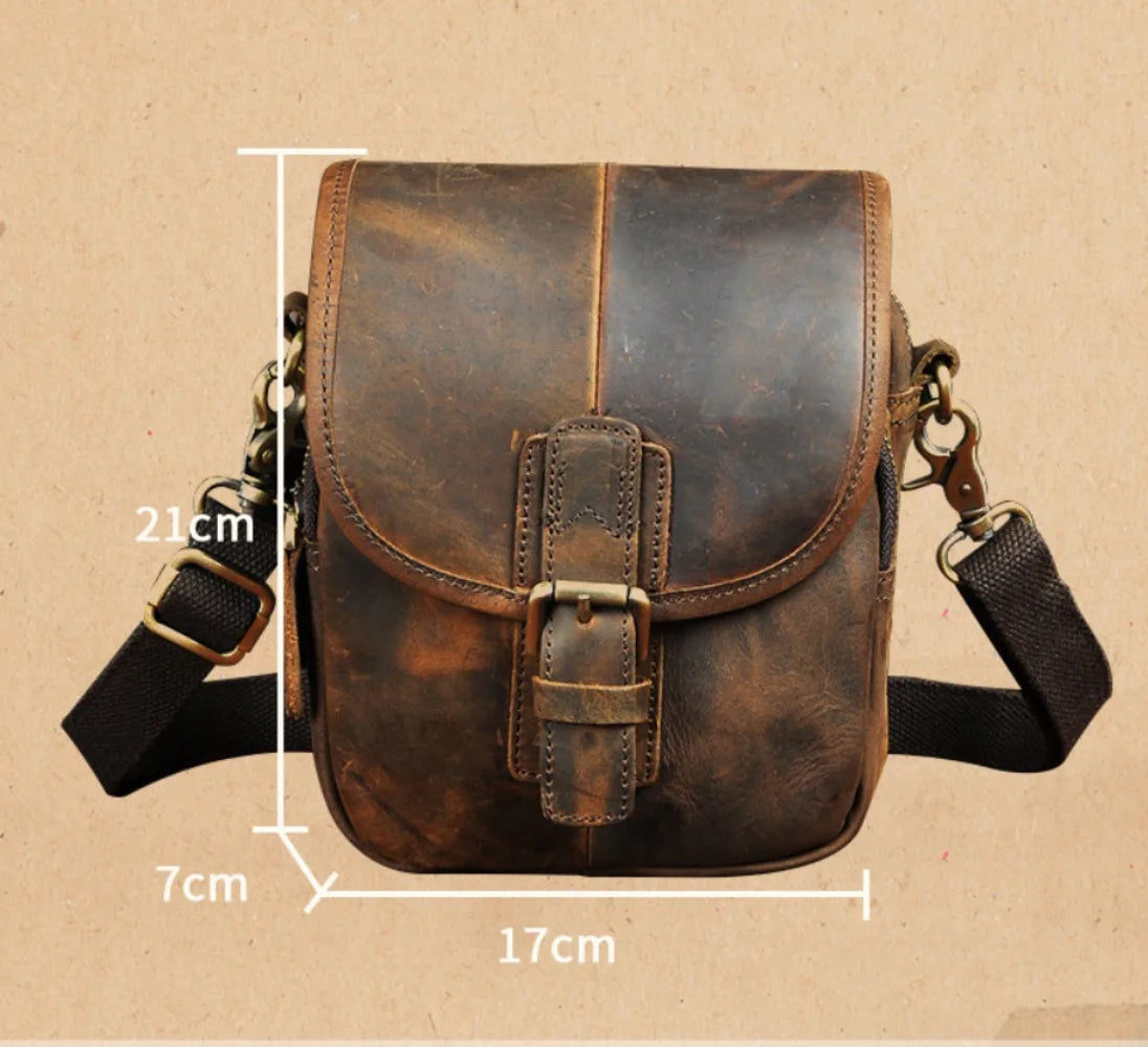 Men Genuine Crazy Horse Leather Waist Pack 7-Inch Vintage Outdoor Hip Bag with Hook Phone Camera Pouch Male Crossbody Bags