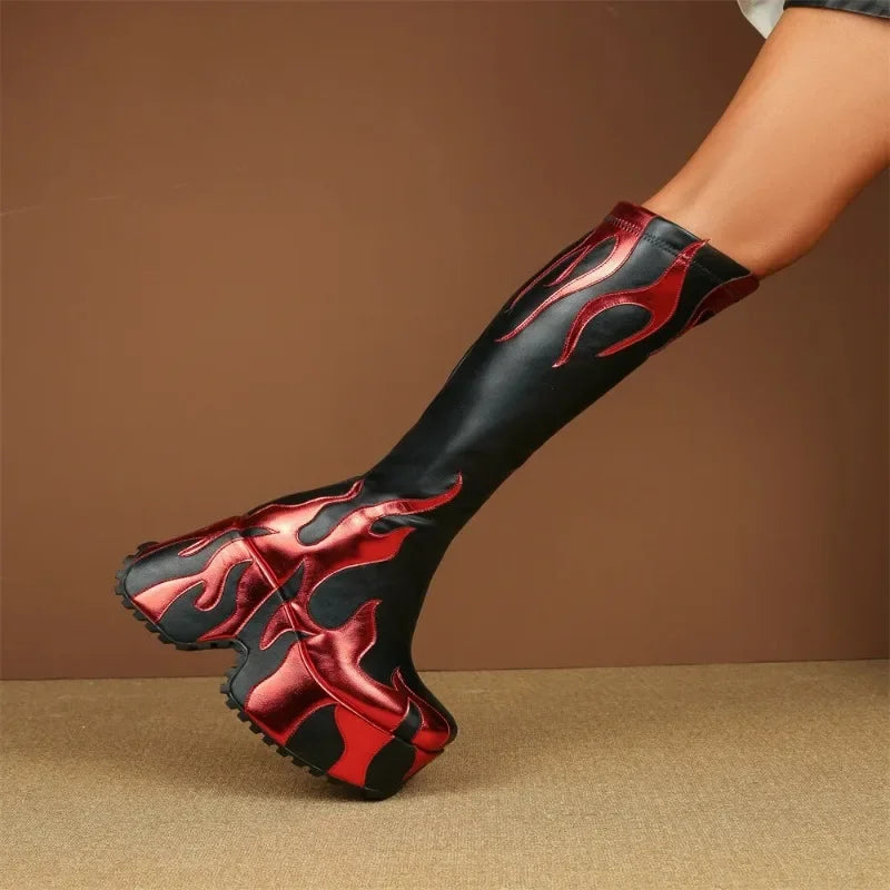2024 Women's High Quality Thick High Heels, Thick Sole Side Zipper Boots, European and American Fashion Flame Show Shoes