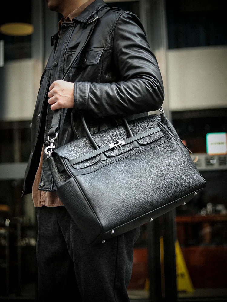 New Top Quality Briefcase Bag retro commuter bag soft leather single shoulder Tote bag neutral wind large capacity with zipper