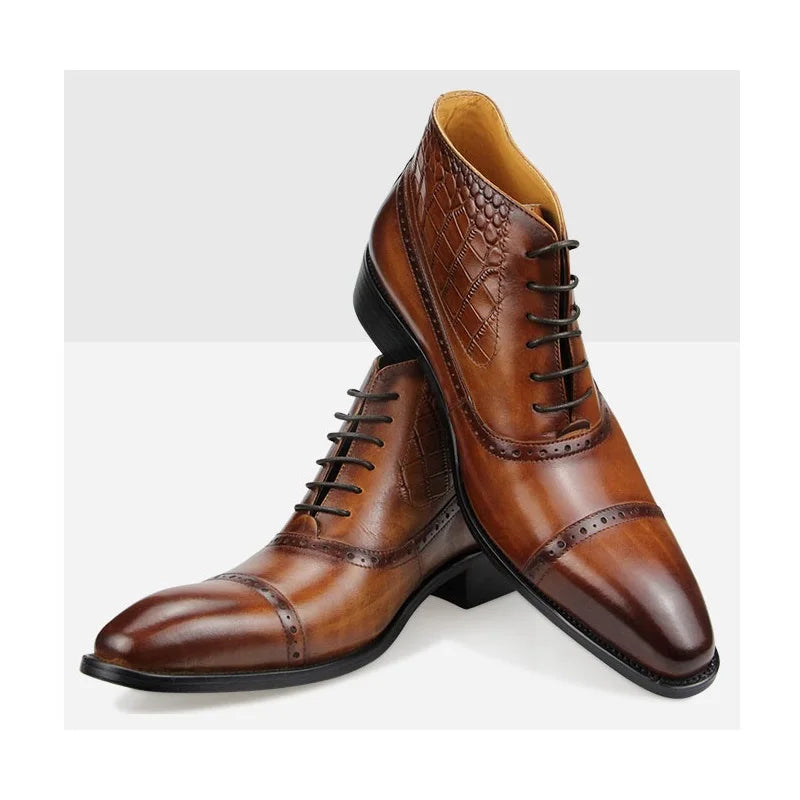 Fashion High Ankle Boots For Men Genuine Leather Luxury Printing Business Dress Shoe Pointed Toe Retro Classic Brown Male's Boot