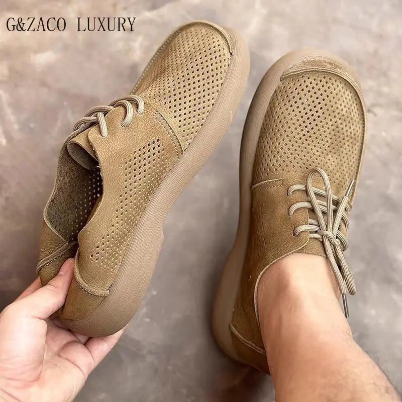 Wide toe hollow natural leather shoes men's 2025 summer new cowhide punched breathable soft leather soft sole singlecasual shoes