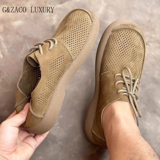 Wide toe hollow natural leather shoes men's 2025 summer new cowhide punched breathable soft leather soft sole singlecasual shoes