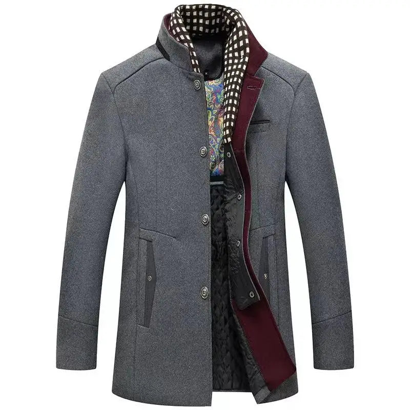 Autumn Winter Mens Wool Coats Smart Casual Thick Warm Woolen Trench Outerwear Men Stand Collar Fashion Detachable Scarf Coats
