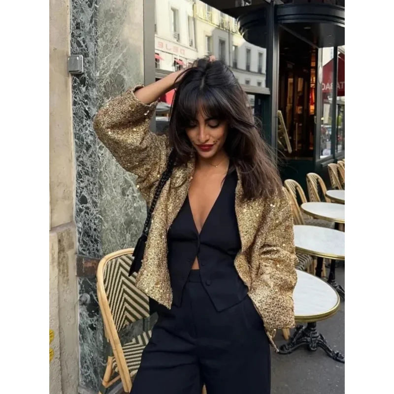 Jinia trendy sequins gold jacket for women 2024 loose stand collar long sleeve club jacket 2024 autumn office ladies outwear