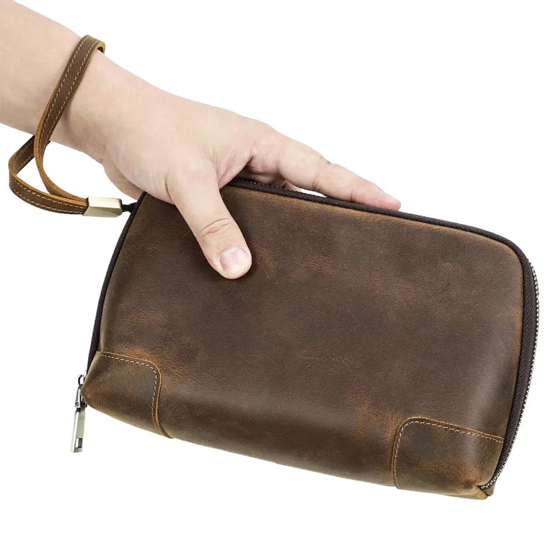 Vintage Men's Genuine Leather Clutch Bag Brown Cow Leather Storage Bag travel Toiletry kits wash bag genuine leather men women